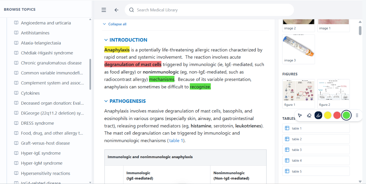 QBankio medical library with a topic browser, highlighted text, figures and tables